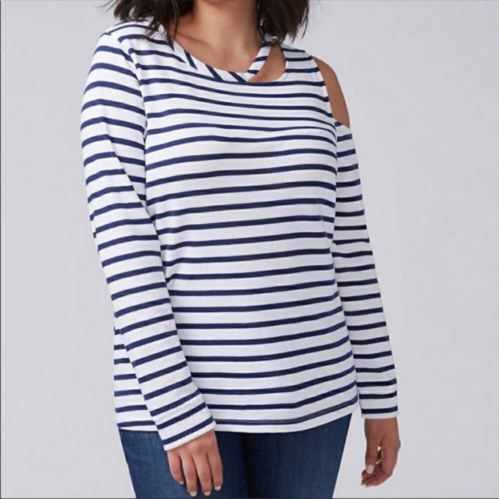 Lane Bryant Stripes One Cold Shoulder Top Casual Nautical Feminine Modern New